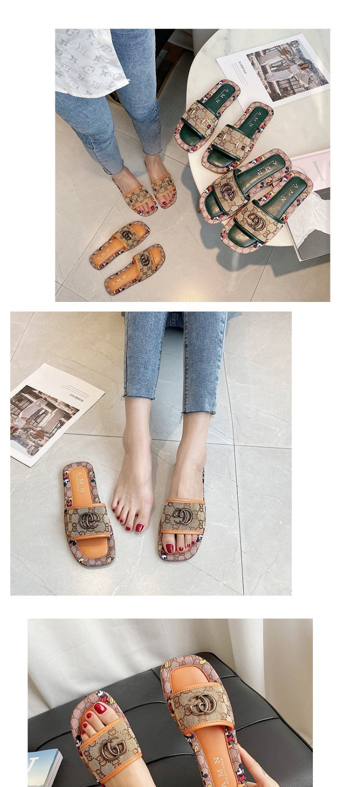 Fashion Orange Chain Alphabetic Mickey Flat Sandals,Slippers