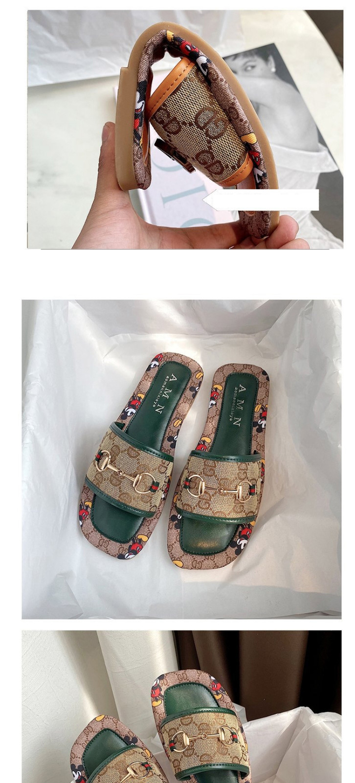 Fashion Green Letters Alphabetic Mickey Flat Sandals,Slippers