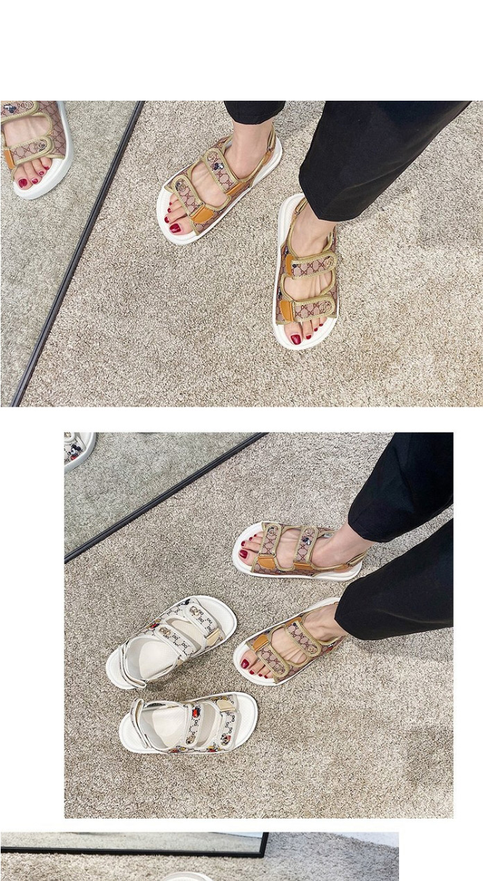 Fashion Khaki Mickey Mouse Printed Platform Velcro Flat Sandals,Slippers