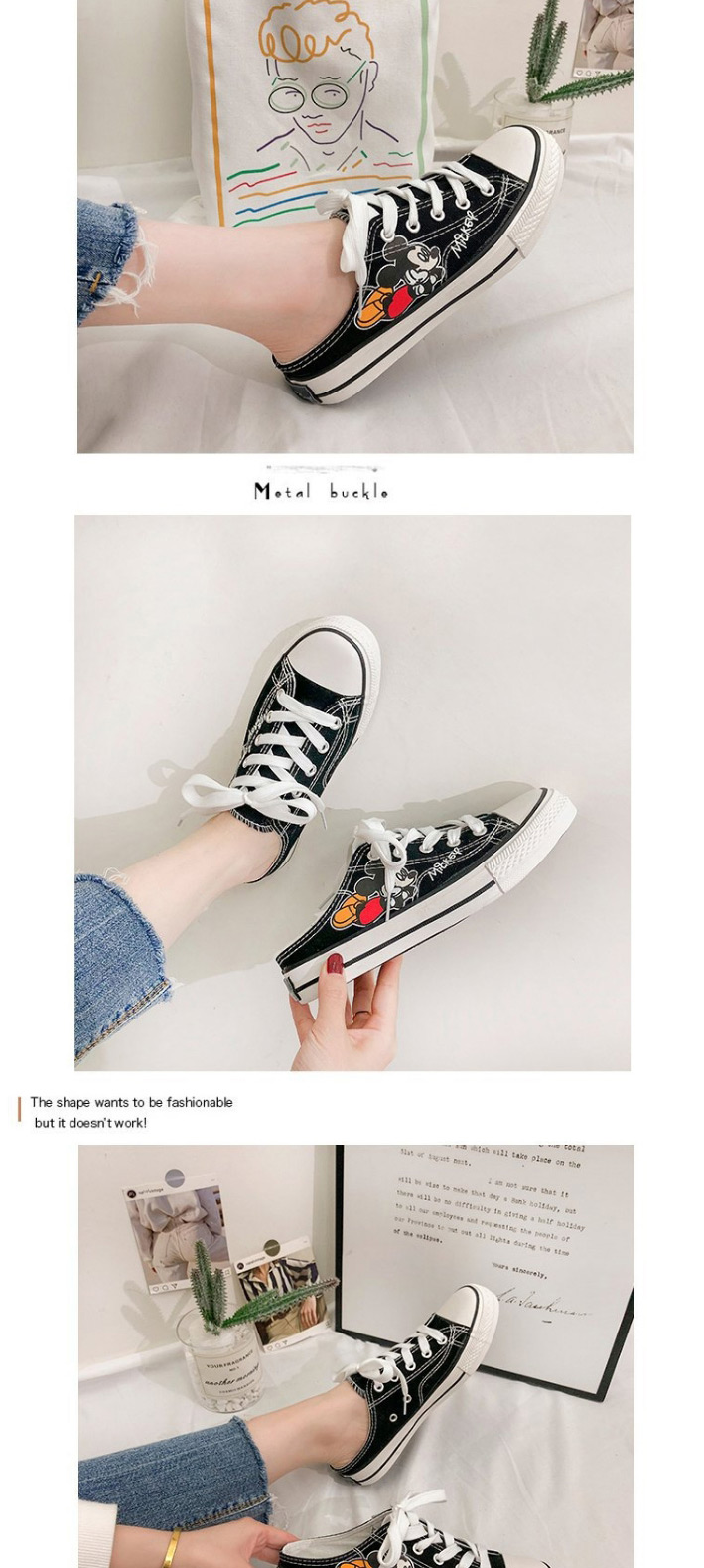 Fashion Black Mickey Mouse Printed Canvas Round Toe Sneakers,Slippers