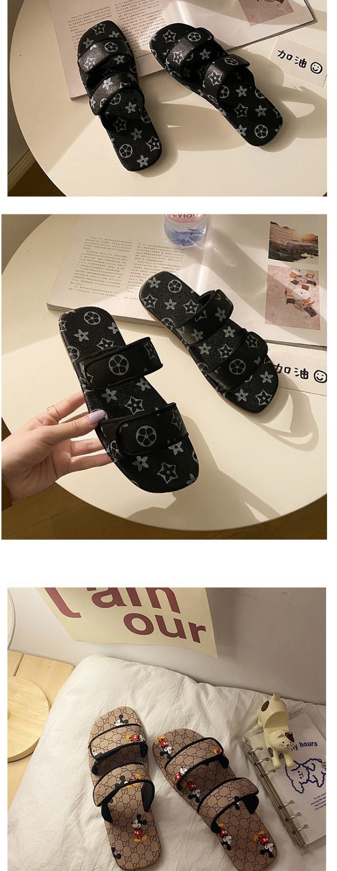 Fashion Gray Mickey Print Word Wear Flat Sandals And Slippers,Slippers