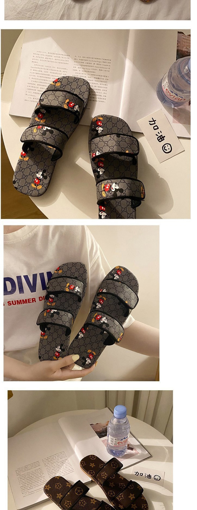 Fashion Brown Mickey Print Word Wear Flat Sandals And Slippers,Slippers