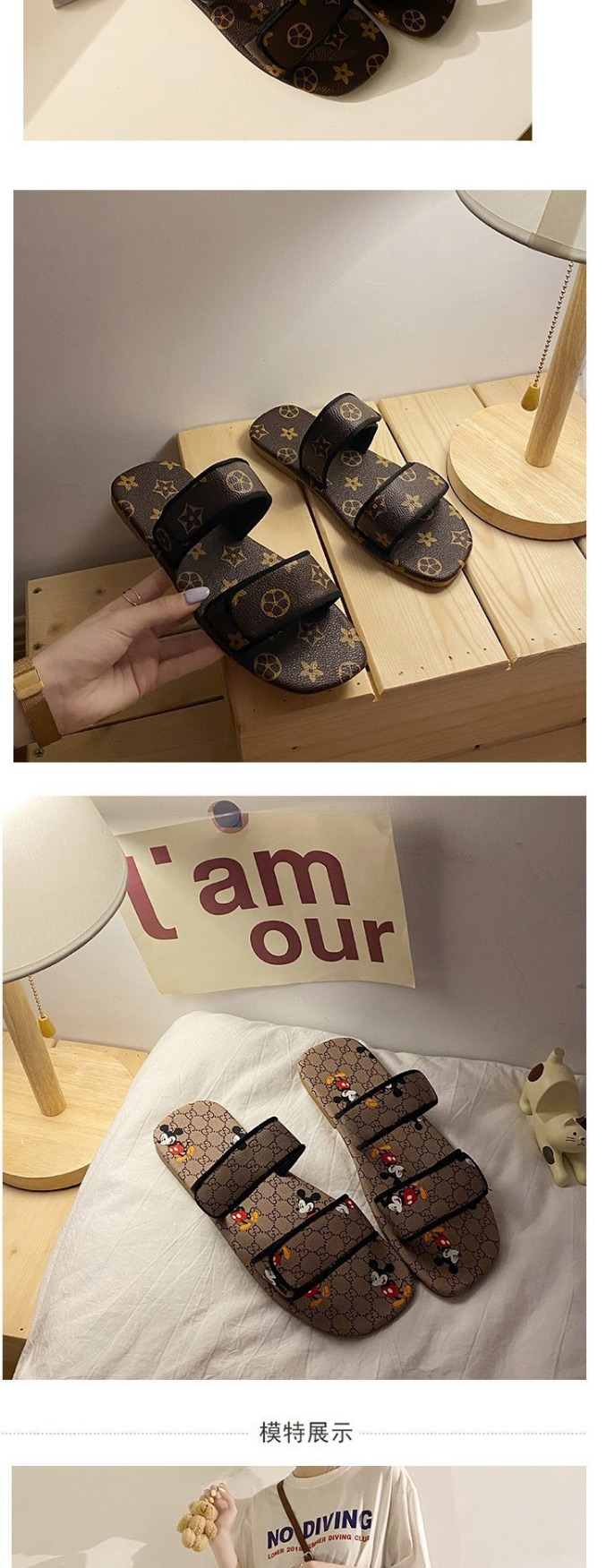 Fashion Brown Mickey Print Word Wear Flat Sandals And Slippers,Slippers