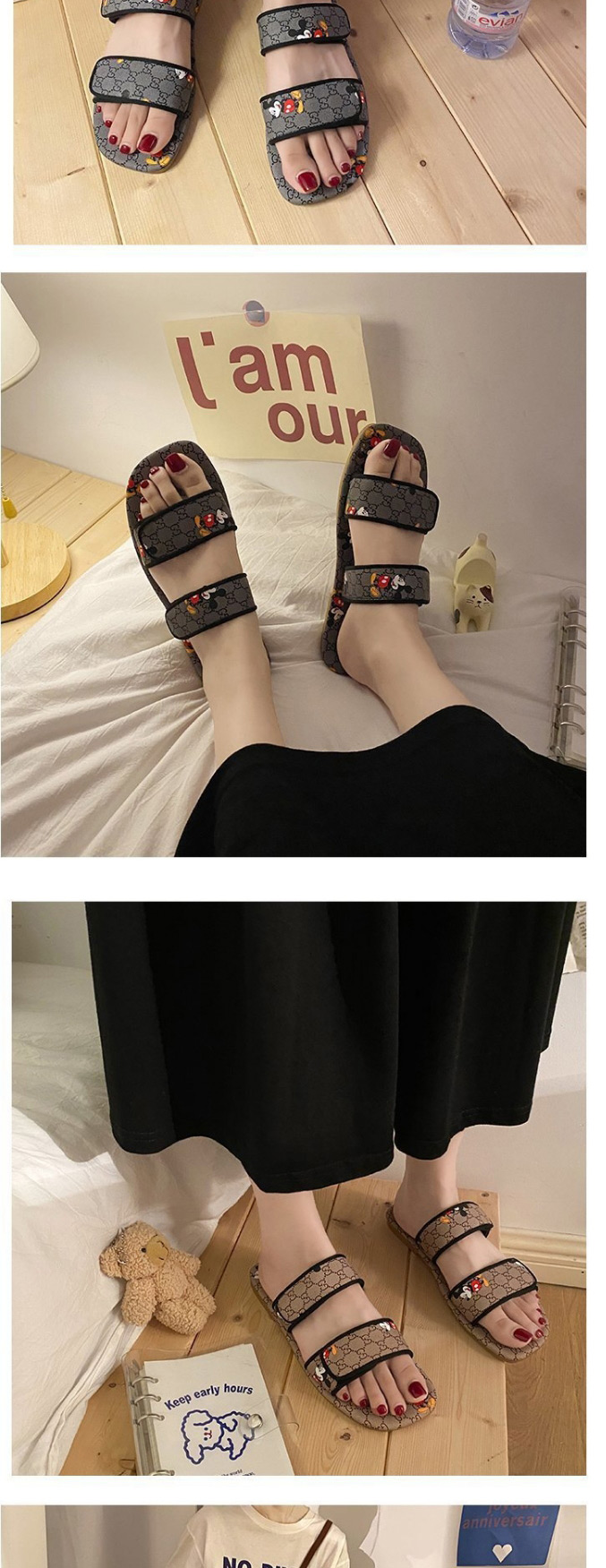 Fashion Gray Mickey Print Word Wear Flat Sandals And Slippers,Slippers