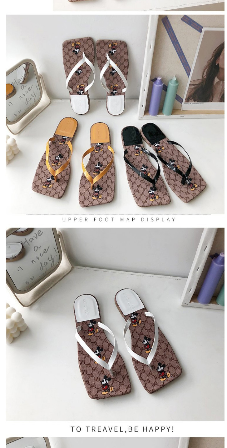 Fashion Black Mickey Print Square Head Flat Bottom Sandals And Slippers,Slippers