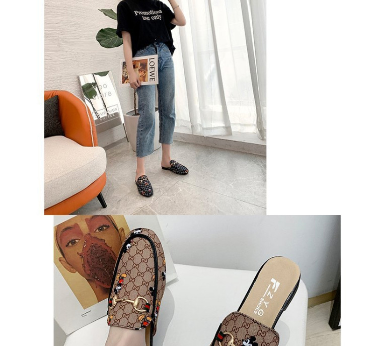 Fashion Brown Baotou Mickey Print Metal Chain Half Slippers,Slippers