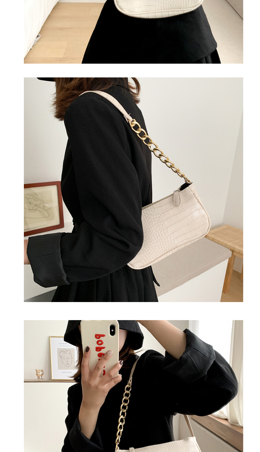 Fashion Black Stone Chain Shoulder Bag,Shoulder bags