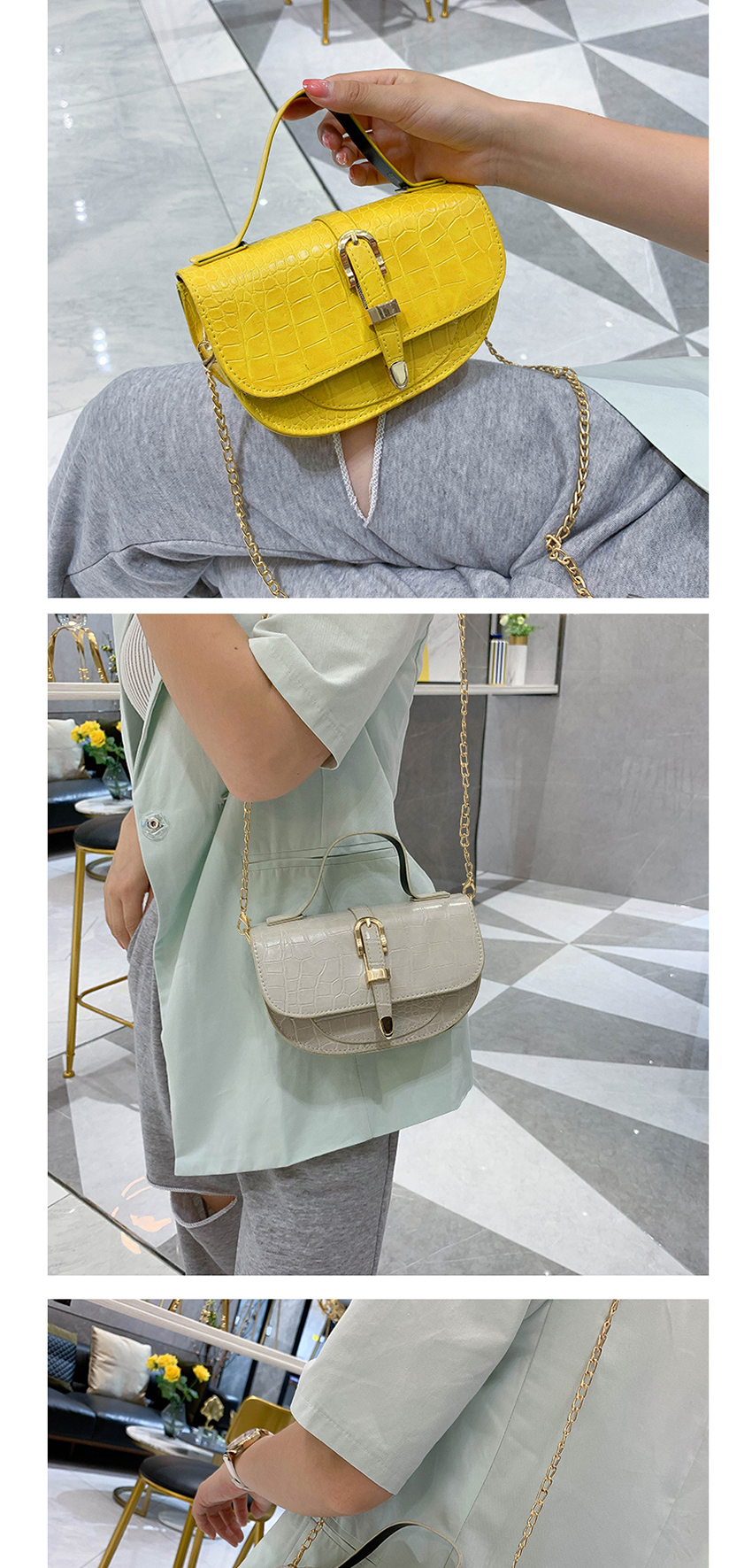 Fashion Yellow Chain Shoulder Bag With Crocodile Pattern Buckle,Shoulder bags