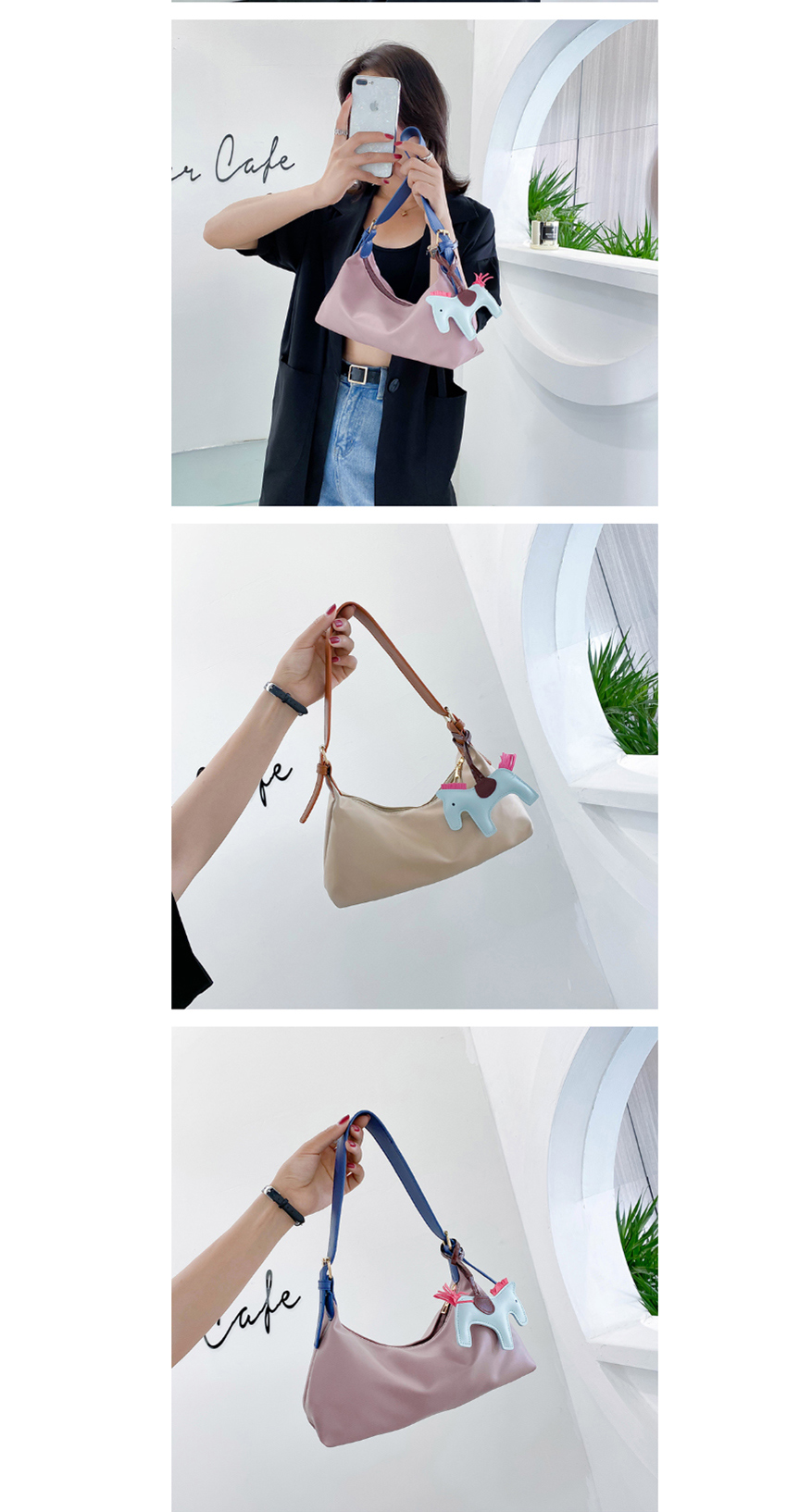 Fashion Pink One-shoulder Armpit Bag With Contrasting Shoulder Strap,Messenger bags