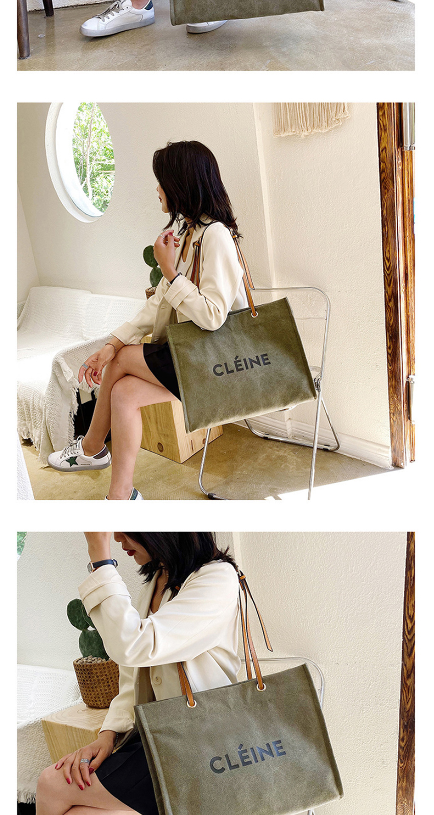 Fashion Green Canvas Letter Printed Large Capacity Shoulder Bag,Handbags