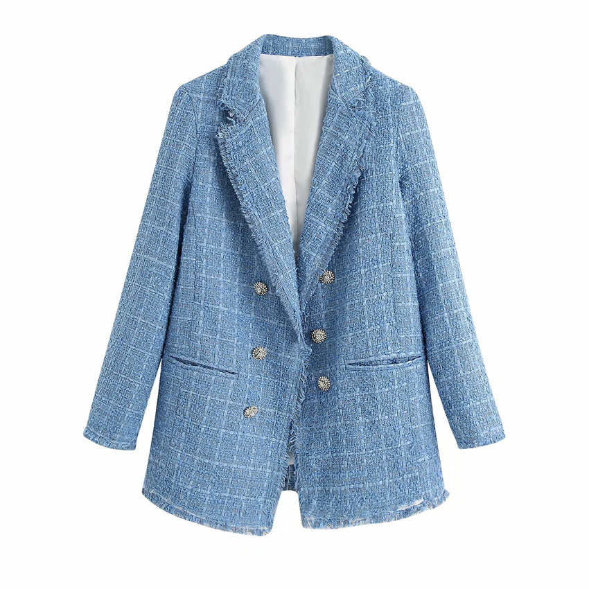 Fashion Blue Tweed Wool-breasted Blazer,Coat-Jacket