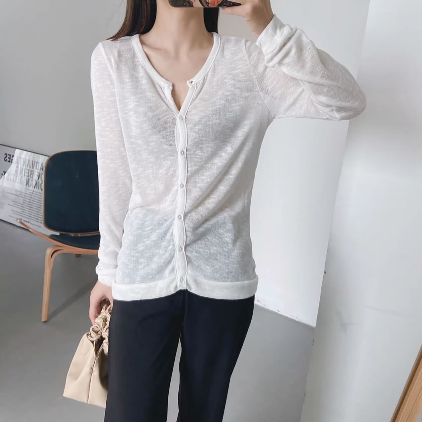 Fashion White Thin Single-breasted Knitted Cardigan,Sunscreen Shirts