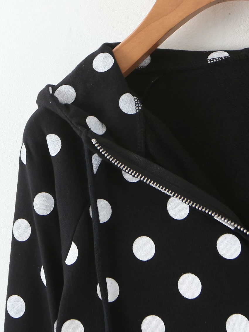 Fashion Black Polka Dot Hooded Sweatshirt With Hood,Coat-Jacket
