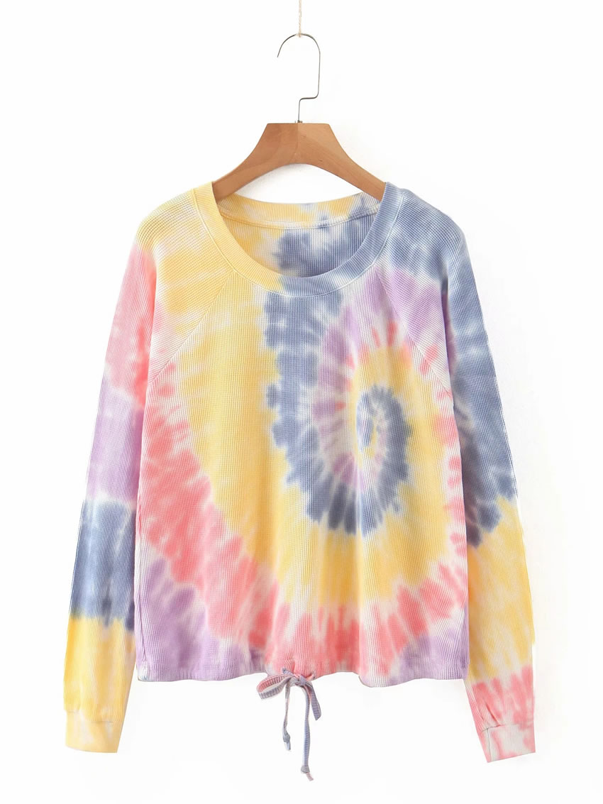 Fashion Color Tie-dye Lace-up Contrast Loose Sweater,Coat-Jacket
