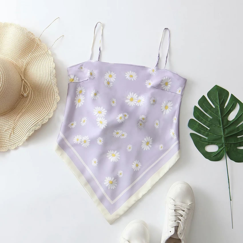 Fashion Purple Sun Flower Print Triangle Sling,Tank Tops & Camis