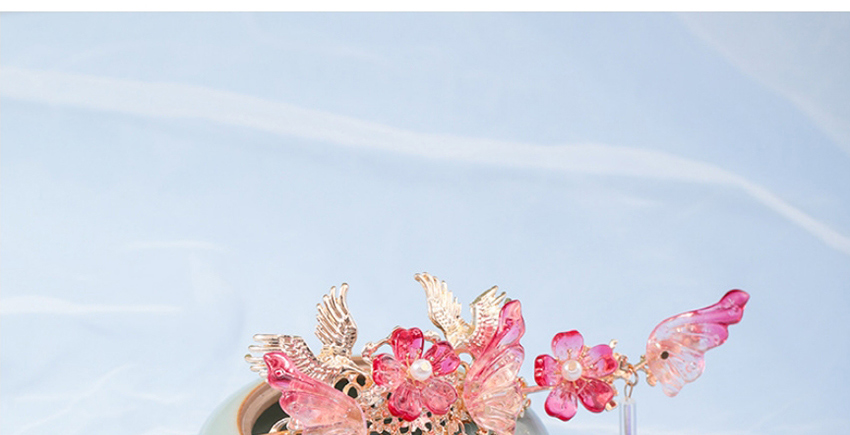 Fashion Pink Glass Flower Flying Crane Tassel Pearl Alloy Hairpin,Hairpins