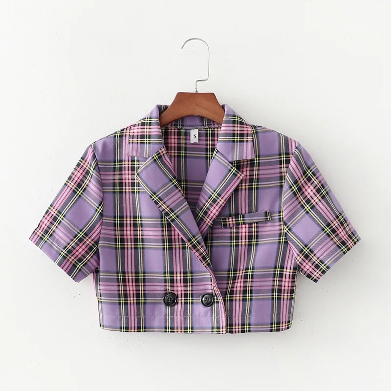 Fashion Purple High-waist Checked Short Blazer,Coat-Jacket