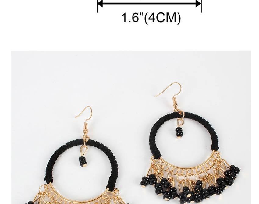 Fashion Black Large Ring Winding Tassel Rice Bead Chain Alloy Earrings,Drop Earrings