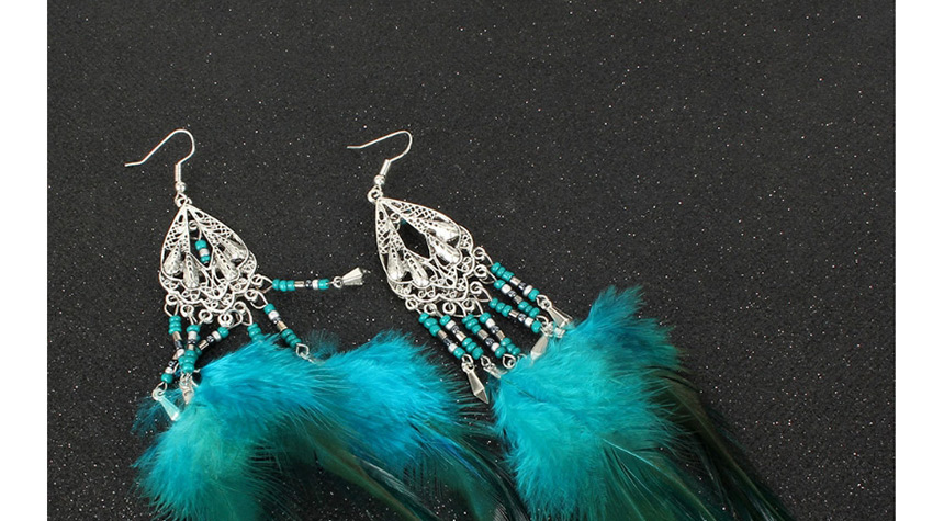 Fashion Green Geometric Tassel Feather Rice Bead Alloy Earrings,Drop Earrings