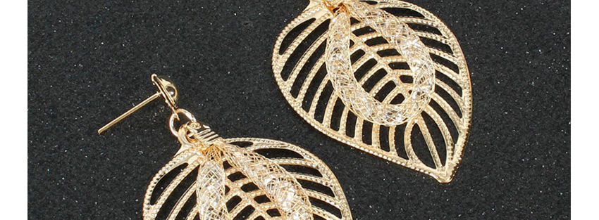 Fashion Golden Leaf Hollow Alloy Mesh Crystal Earrings,Drop Earrings
