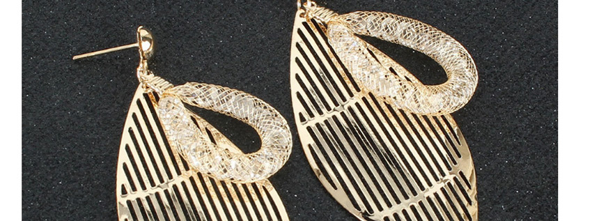Fashion Golden Leaf Alloy Mesh Hollow Crystal Earrings,Drop Earrings