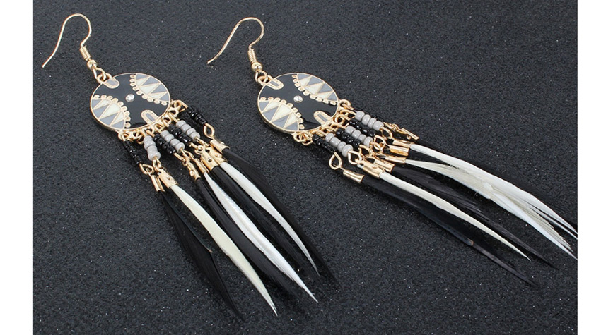 Fashion Black Tassel Feather Pearl Drop Oil Round Alloy Earrings,Drop Earrings