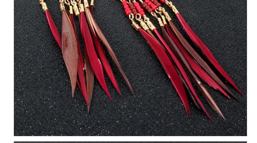 Fashion Red Tassel Feather Pearl Drop Oil Round Alloy Earrings,Drop Earrings