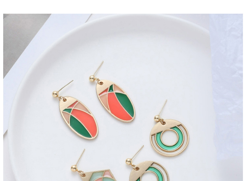 Fashion Green Geometric Contrast Color Stitching Oil Drop Hollow Alloy Earrings,Drop Earrings
