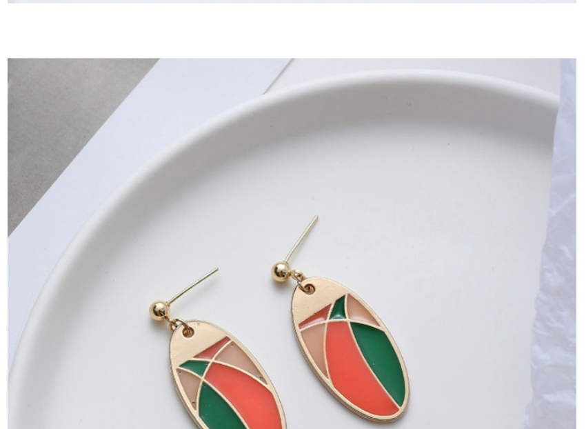 Fashion Green Geometric Contrast Color Stitching Oil Drop Hollow Alloy Earrings,Drop Earrings