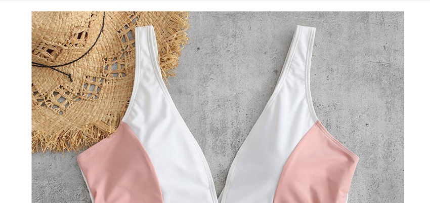 Fashion Pink Stitching Contrast One-piece Swimsuit,Swimwear Plus Size