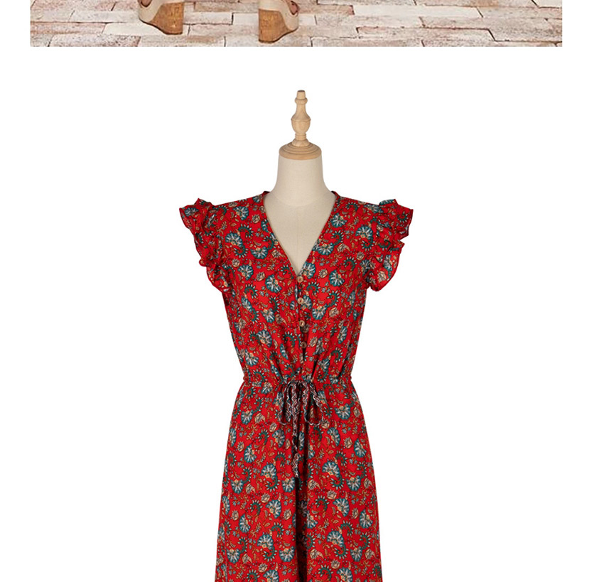 Fashion Red Lotus Leaf Sleeve Fungus Single Row Button Floral Strappy Jumpsuit,Pants