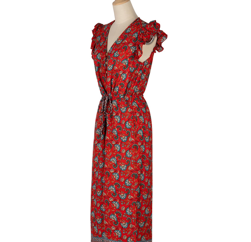 Fashion Red Lotus Leaf Sleeve Fungus Single Row Button Floral Strappy Jumpsuit,Pants