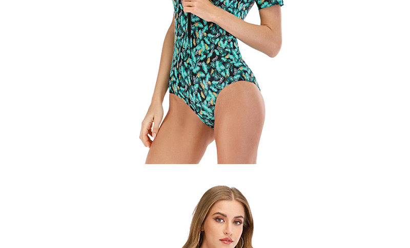Fashion Green Printed Zip One-piece Swimsuit Diving Suit,One Pieces