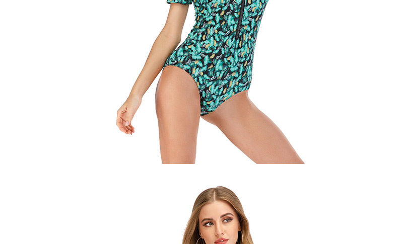 Fashion Green Printed Zip One-piece Swimsuit Diving Suit,One Pieces