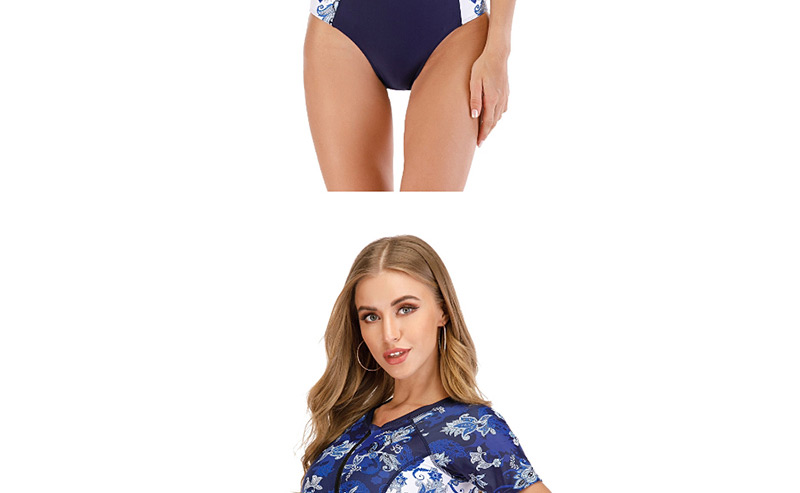 Fashion Dark Blue Splicing Contrast Color Stitching Zipper One-piece Swimsuit Diving Suit,One Pieces