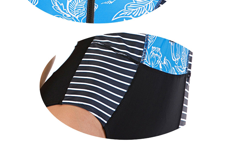 Fashion Blue Striped Printed Contrast Zipper One-piece Swimsuit Wetsuit,One Pieces