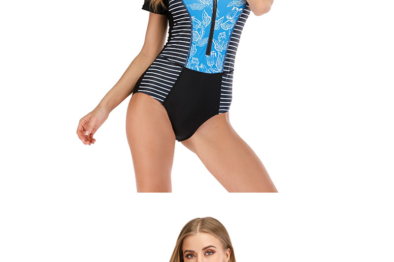 Fashion Blue Striped Printed Contrast Zipper One-piece Swimsuit Wetsuit,One Pieces