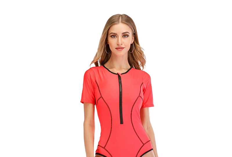 Fashion Pink Covered Contrast Zipper One-piece Swimsuit Wetsuit,One Pieces