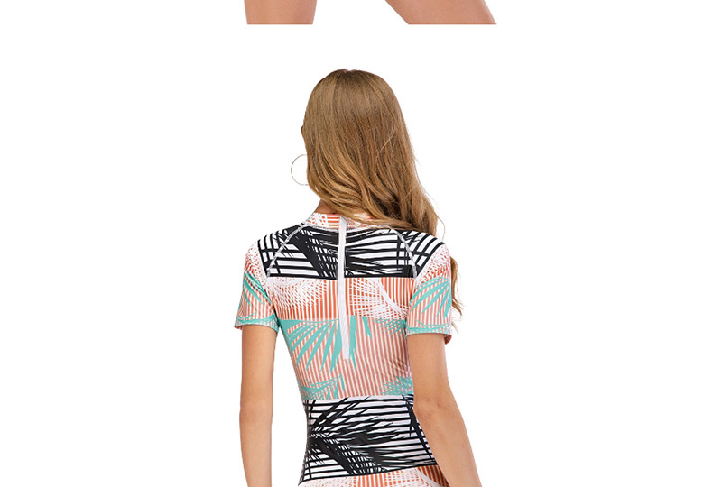 Fashion Orange Pink Striped Geometric Print Contrast Color One-piece Swimsuit Diving Suit,One Pieces