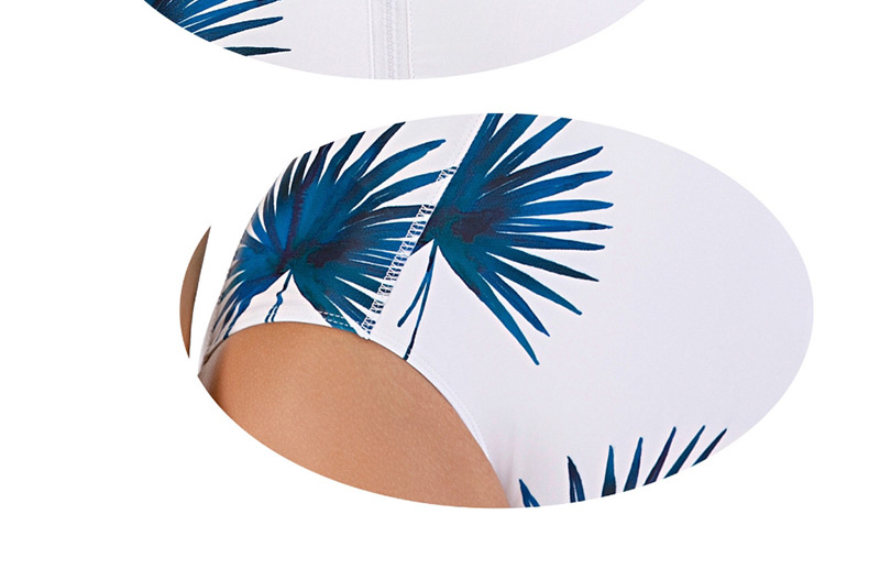 Fashion Blue Leaves Printed Leaf Contrast Color Zipper One-piece Swimsuit Wetsuit,One Pieces