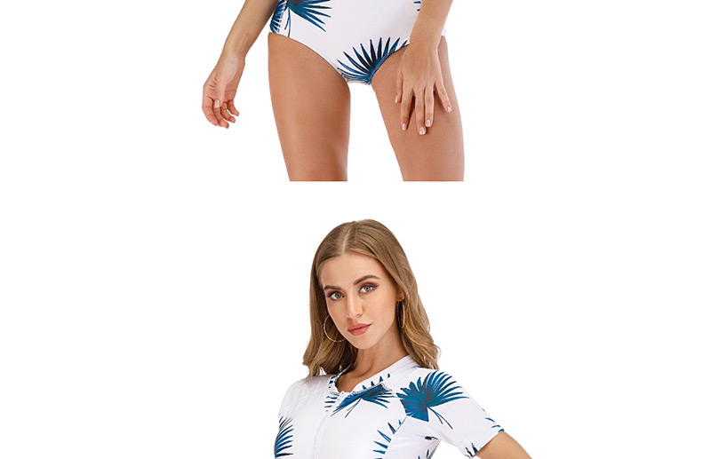 Fashion Blue Leaves Printed Leaf Contrast Color Zipper One-piece Swimsuit Wetsuit,One Pieces