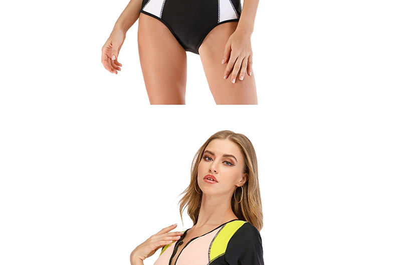 Fashion Pink Splicing Contrast Zipper One-piece Swimsuit Diving Suit,One Pieces
