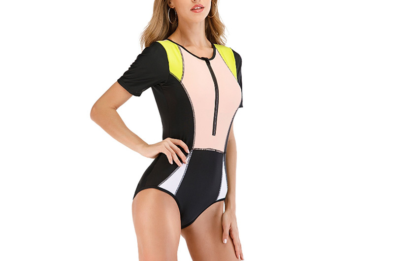 Fashion Pink Splicing Contrast Zipper One-piece Swimsuit Diving Suit,One Pieces