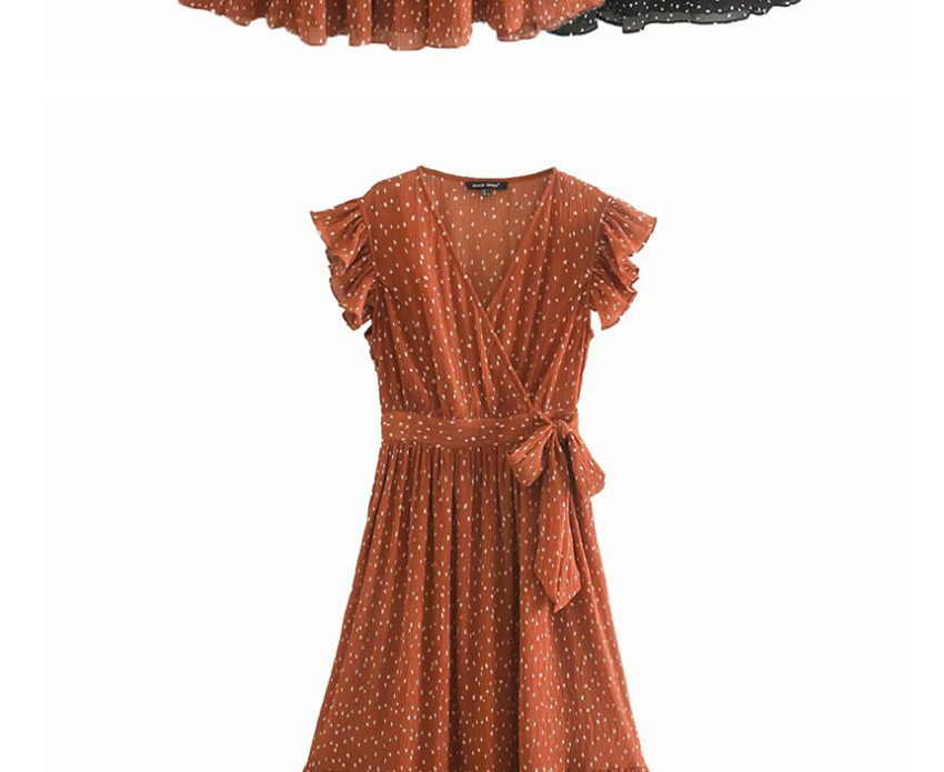 Fashion Orange Polka Dot Lotus Leaf Sleeve V-neck Belt Dress,Long Dress