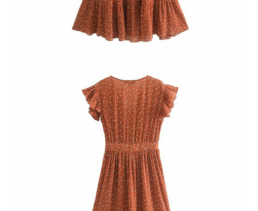 Fashion Orange Polka Dot Lotus Leaf Sleeve V-neck Belt Dress,Long Dress