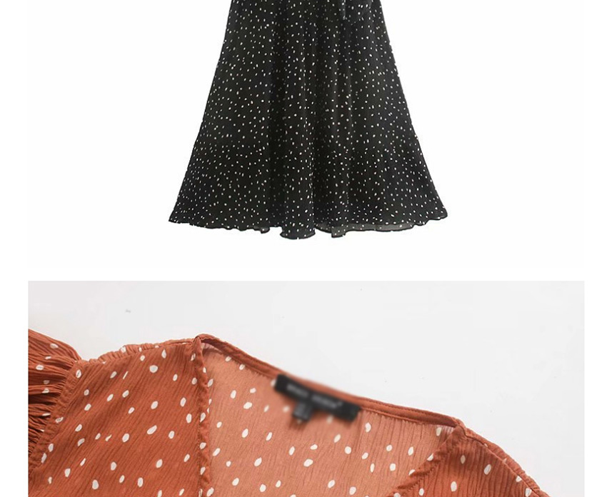 Fashion Black Polka Dot Lotus Leaf Sleeve V-neck Belt Dress,Long Dress