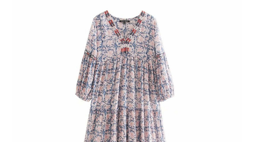 Fashion Blue Embroidered Printed V-neck Stitching Loose Dress,Long Dress