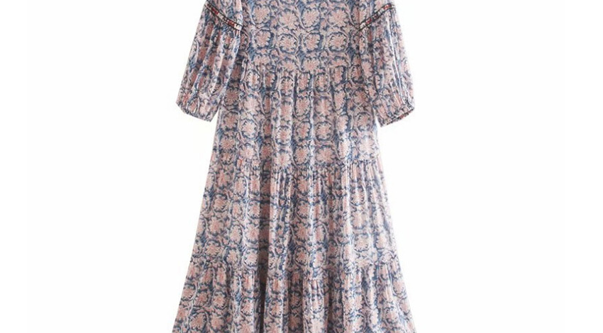 Fashion Blue Embroidered Printed V-neck Stitching Loose Dress,Long Dress