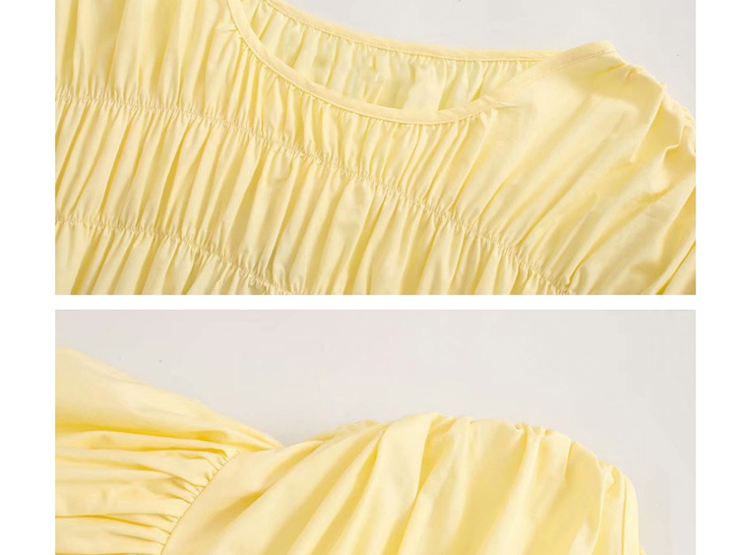 Fashion Yellow Pleated Bubble Short Sleeve Dress,Long Dress