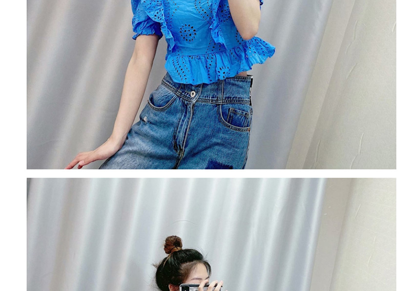 Fashion Blue Embroidered Ruffled Pullover Shirt,Tank Tops & Camis